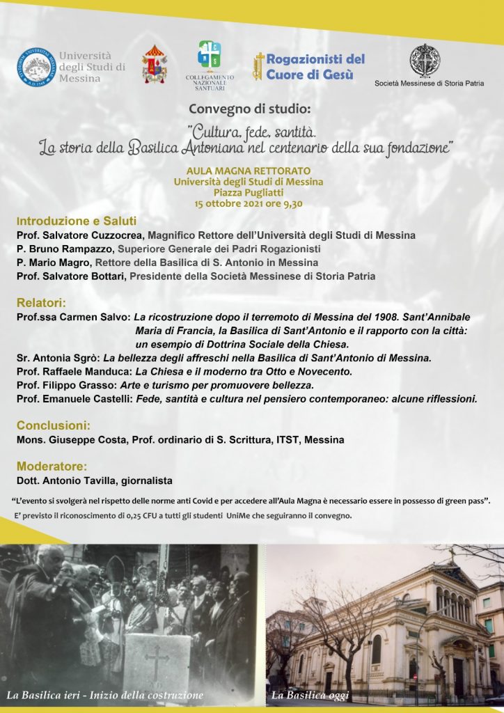 Convegno nell'Aula Magna dell'Università di Messina in occasione del Centenario della Basilica Santuario di S. Antonio in Messina, 15 Ottobre 2021