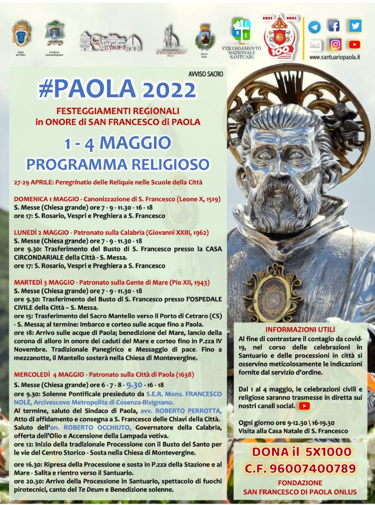 Festeggiamenti regionali in onore di San Francesco di Paola dal 1 al 4 maggio 2022.