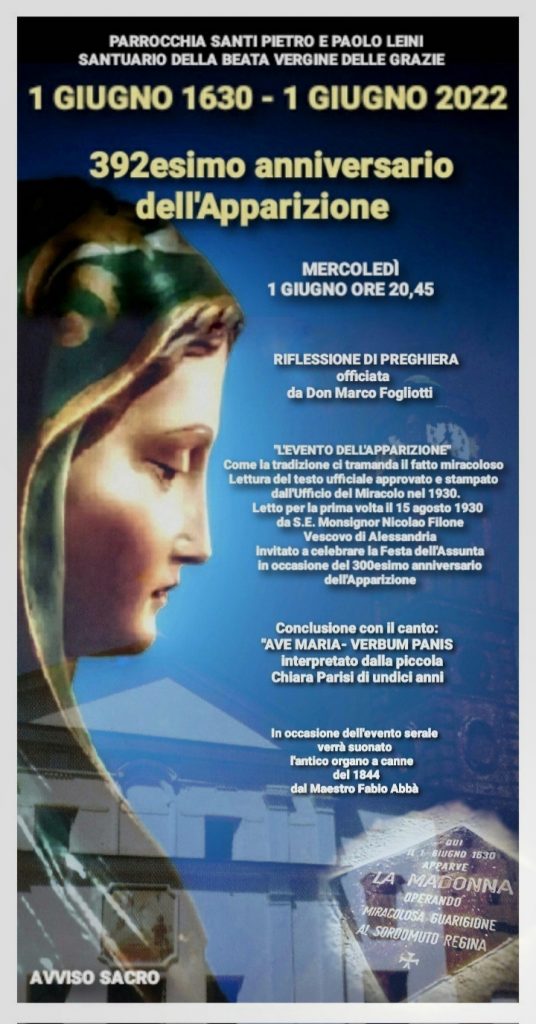 Al Santuario della Madonna delle Grazie di Leini (TO) il 392esimo Anniversario dell'Apparizione della Vergine, 1 Giugno 2022.