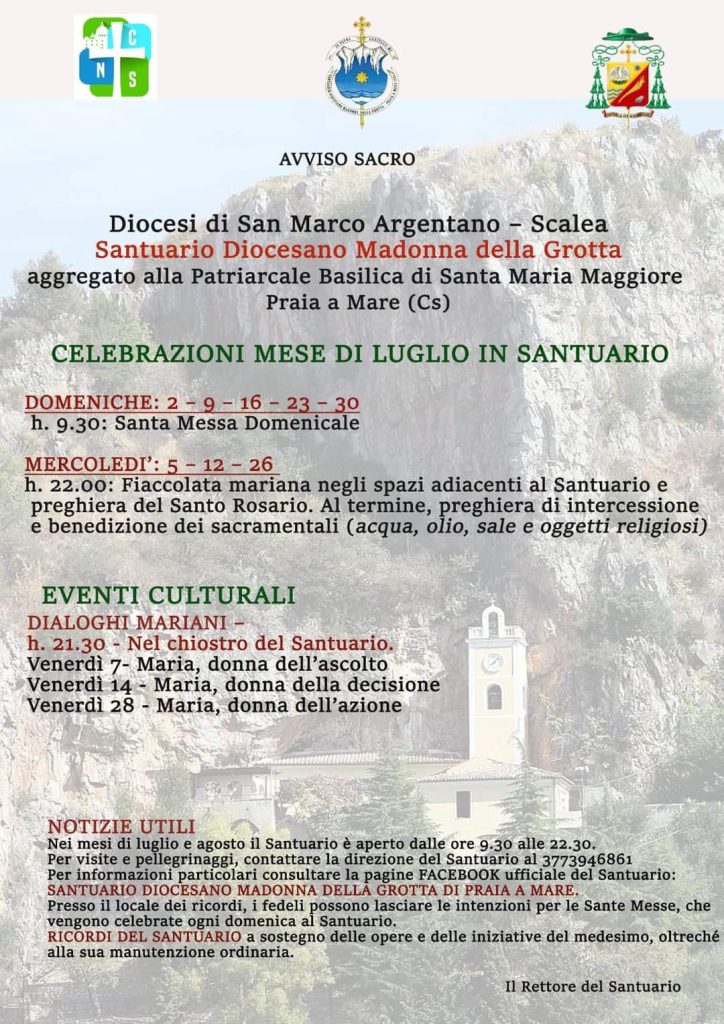 Celebrazioni ed Eventi Culturali del mese di luglio nel Santuario diocesano della Madonna della Grotta di Praia a Mare (CS)