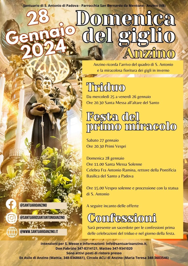 Domenica del Giglio, festa del primo miracolo al Santuario di S. Antonio di Padova a Bannio Anzino in Piemonte, 24 - 28 gennaio 2024.