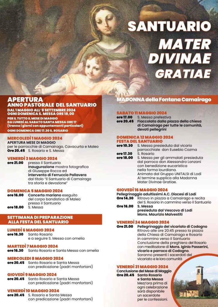 Apertura Anno Pastorale nel Santuario Mater Divinae Gratiae di Camairago (LO). Celebrazioni del mese di maggio..