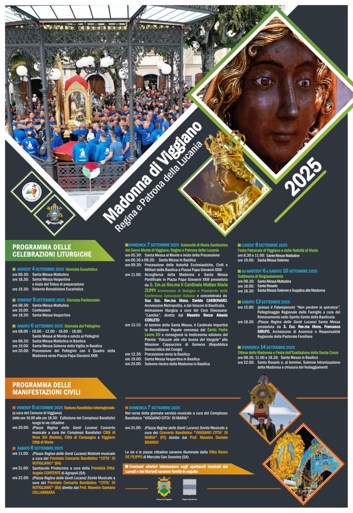 Solenni festeggiamenti in onore della Madonna di Viggiano, Regina e Patrona della Lucania. Il 7 settembre sarà presente il Presidente della Cei Sua Eminenza il Cardinale Matteo Maria Zuppi.